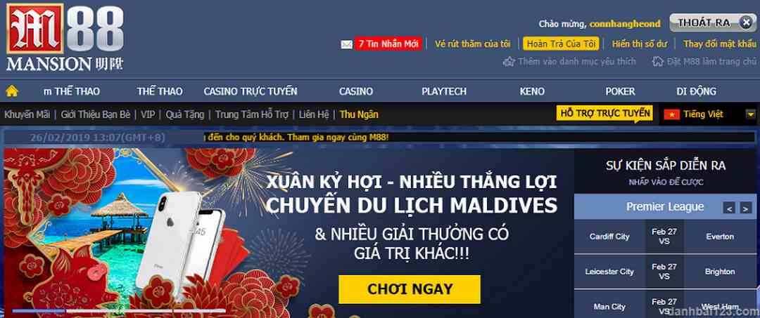 Giao diện bên trong website M88